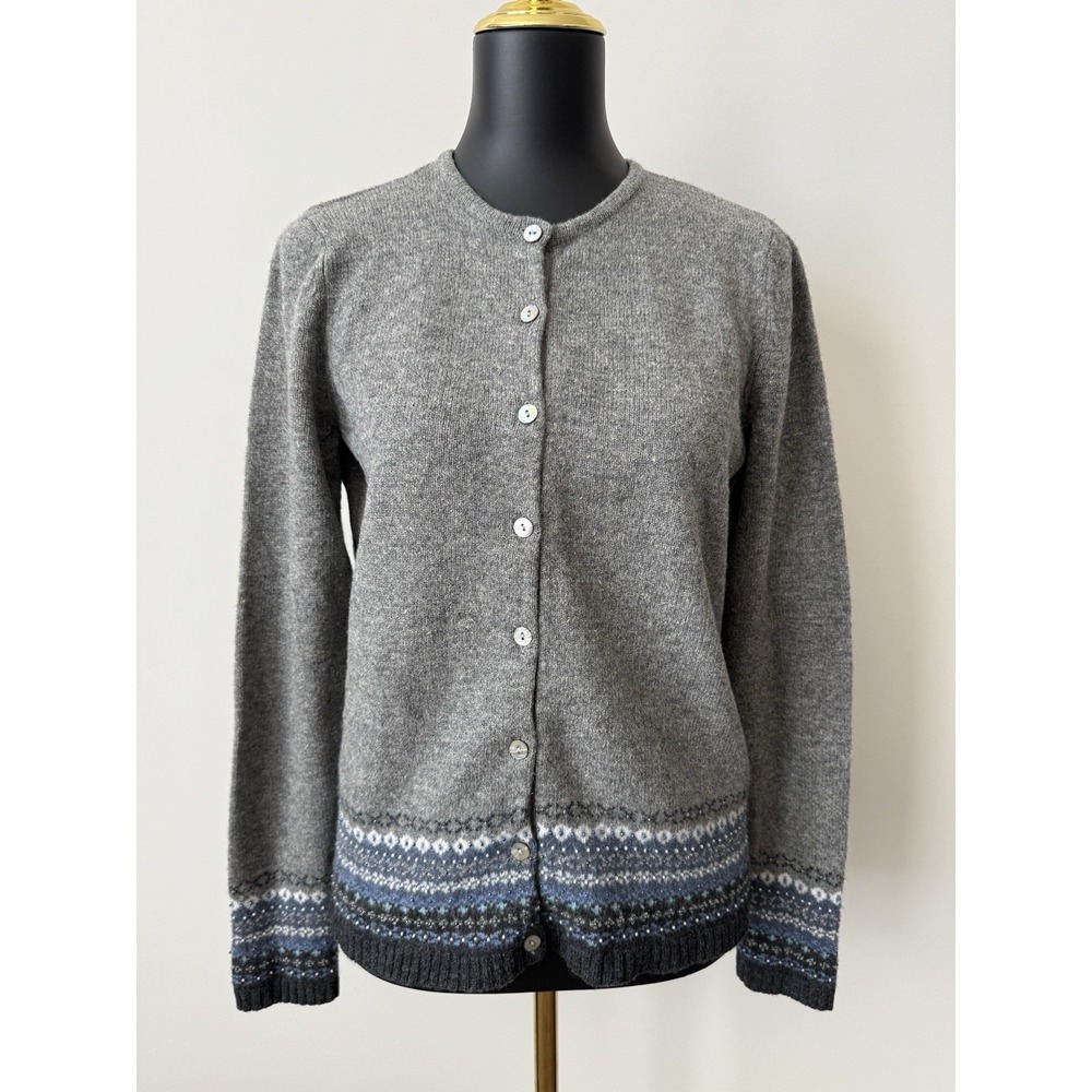 Alexandra Bartlett Cardigan Fair Isle Lambs Wool Women's M Gray Bead Detail READ